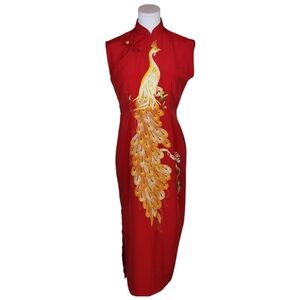 Red Peacock Embroidered Cheongsam Qipao Dress Mandarin Collar Slit
